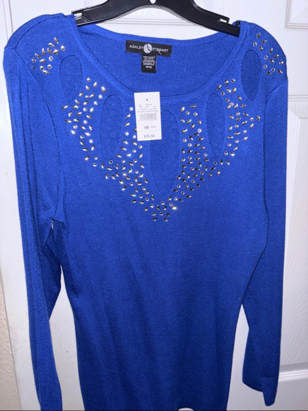Ashley Stewart Royal Blue Long Sleeve Studded Scoop Neck Top